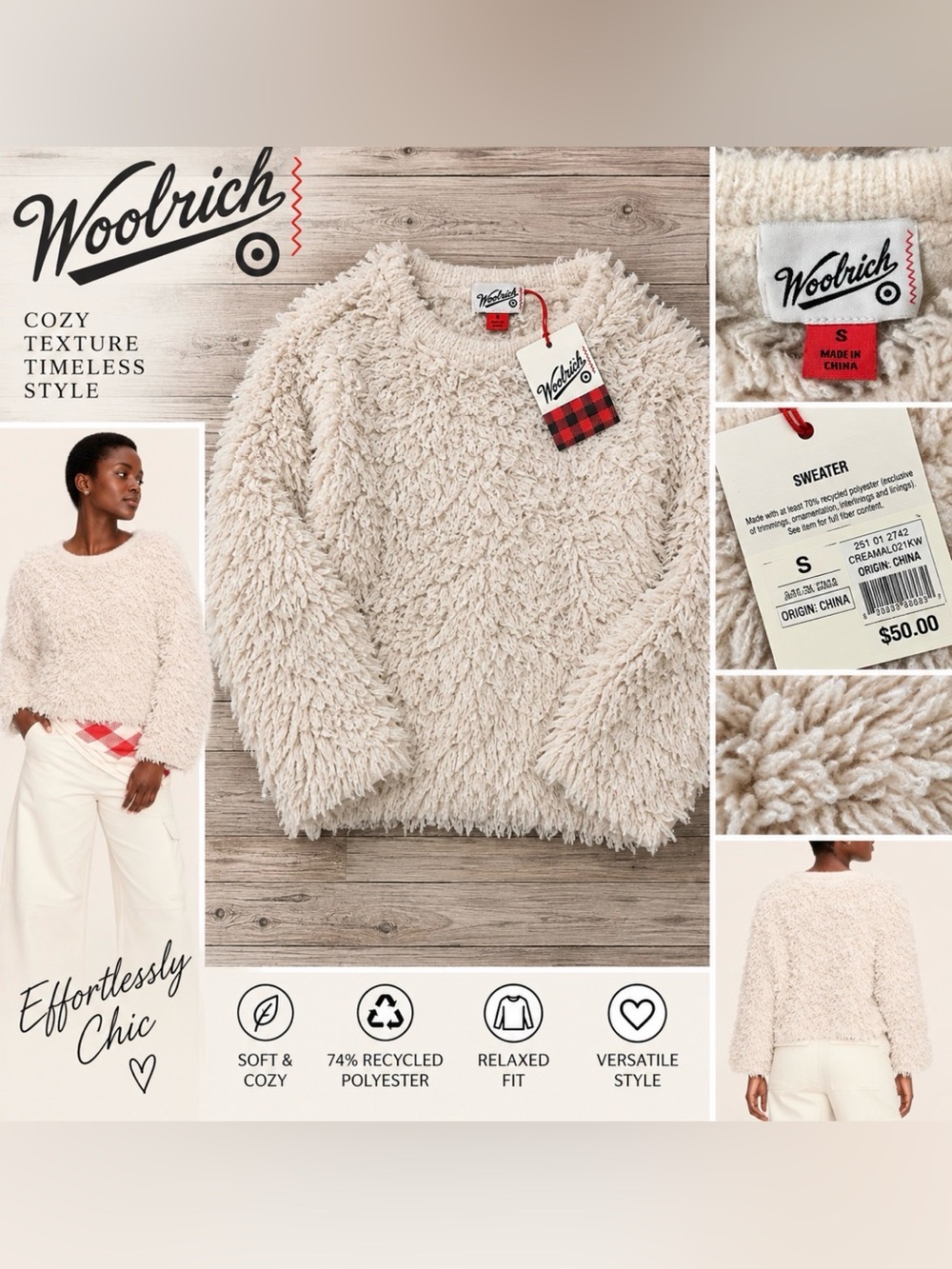 Woolrich Women’s Shaggy Sweater – Cream – Size Small – NWT